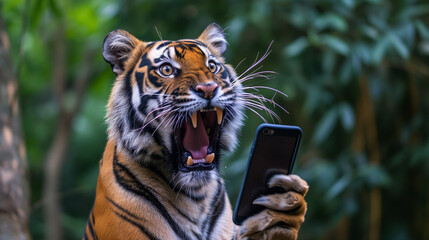 Surprised tiger holding a smartphone with a comical expression. - 754788060
