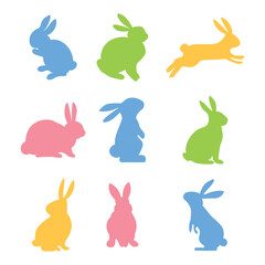 Rabbit in different positions clipart set. Easter bunny colorful silhouette collection. Isolated