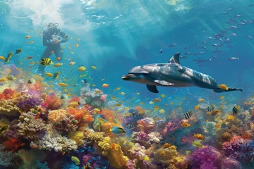 Selbstklebende Fototapeten A colorful coral reef with a dolphin swimming through it © BetterPhoto