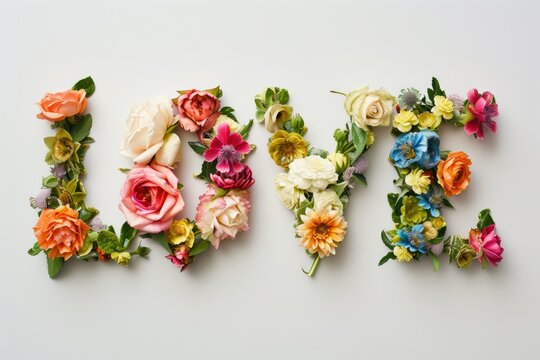 The image is a colorful arrangement of flowers that spell out the word "love." The flowers are arranged in a way that creates a beautiful and romantic message. The use of different colors