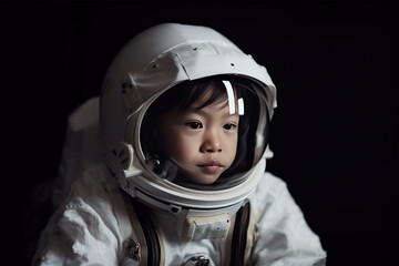 Boy child in uniform suit, helmet of hero of brave profession of an astronaut