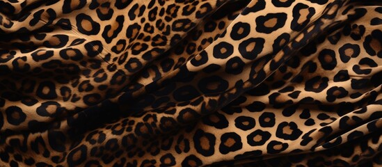 Detailed close-up view of a leopard print fabric pattern, showcasing the intricate spots and markings characteristic of a leopards fur. The texture of the fabric is visible and adds depth to the