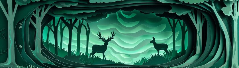 Green forest paper cut scene with deer and wildlife