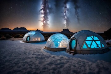 Modern igloo tents designed for luxury desert camping, set against a twilight sky filled with stars.Geodesic domes - obrazy, fototapety, plakaty