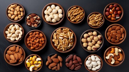 A selection of different types of nuts is showcased from a top view perspective.