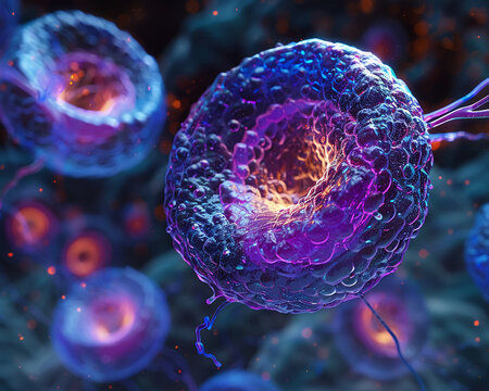 Close-up 3D illustration of embryonic stem cells