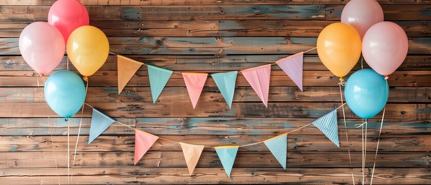 Festive scene of colorful hanging flags and balloons against a rustic vintage wooden wall