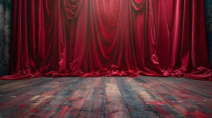 Square image capturing the texture and grandeur of velvet curtains against the contrasting wooden stage floor