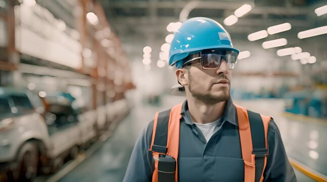 european factory worker wearing hard hat and work clothes in white augmented virtual reality glassesh