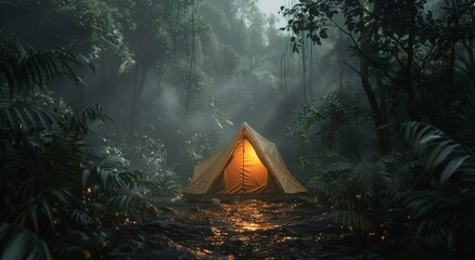 Tent Amidst Forest Rain - obrazy, fototapety, plakaty