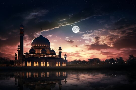 Mystical Mosque evening sky twilight. Moon light. Generate Ai