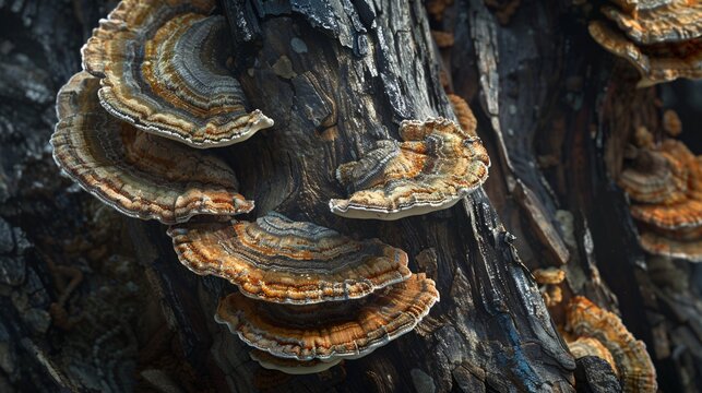 Multicolored bracket fungus on an aged tree.