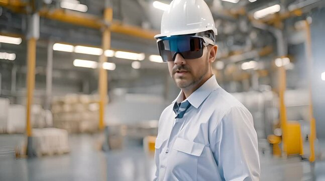 european factory worker wearing hard hat and work clothes in white augmented virtual reality glassesh