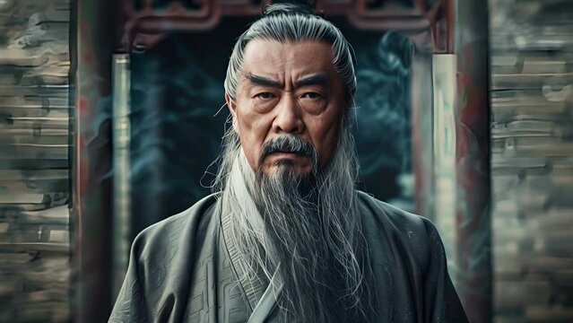 Slow motion portrait pushing towards Confucius, the ancient Chinese philosopher 