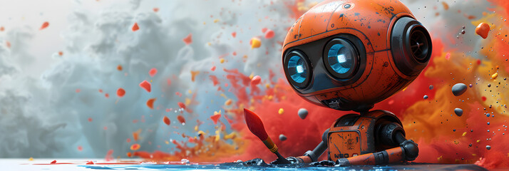 A 3D animated cartoon render of a playful robot artist painting with a vivid paintbrush.