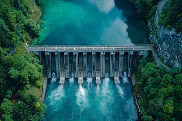 Hydroelectric power plant in Swiss mountains using water reservoir to generate sustainable renewable energy and reduce summer carbon emissions from global warming, seen from above.