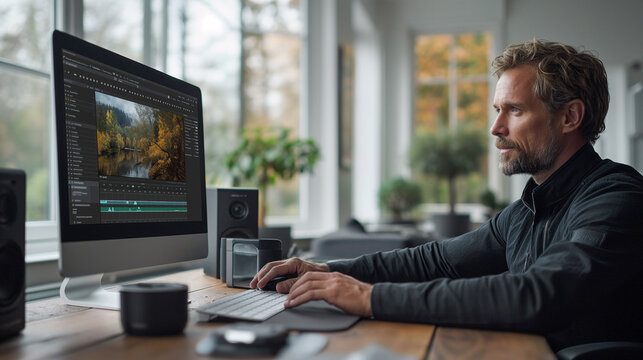 Man working on video editing with a scenic forest image on a large computer screen in a home office