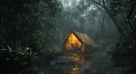 Tent Amidst Forest Rain - obrazy, fototapety, plakaty