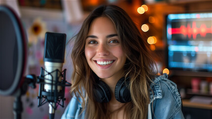 Smiling woman podcaster hosts record audio podcast in home studio