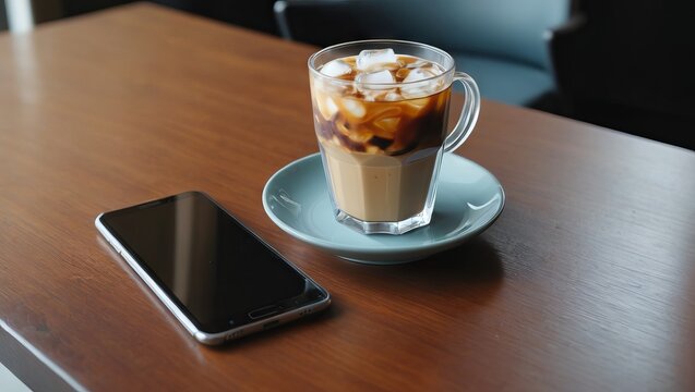 Iced coffee in glass on table in coffee shop, stock photo