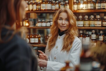 Cheerful female homeopathist doctor or pharmacist in medical gown consulting client, discussing treatment options and alternative natural medical herbs or drugs - obrazy, fototapety, plakaty