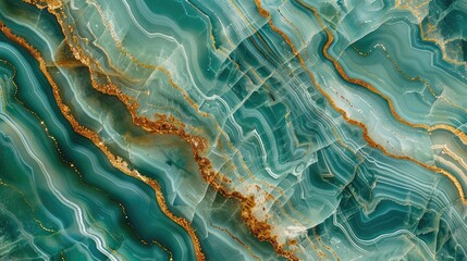 Green wavy marble with gold veins. Quartz crystals with veins in marble.