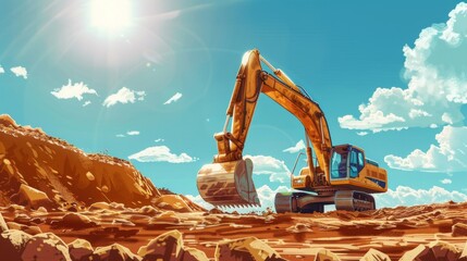 An excavator mining clay on a sunny day - obrazy, fototapety, plakaty