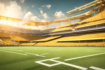 A 3D rendering of a football arena with yellow goal posts, grass fields, and blurred fans at the...
