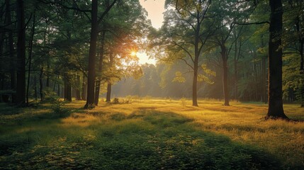 Sun Shines Through Trees in Forest