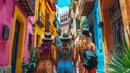 Obraz na płótnie Canvas Three Women Walking Down a Narrow Alleyway