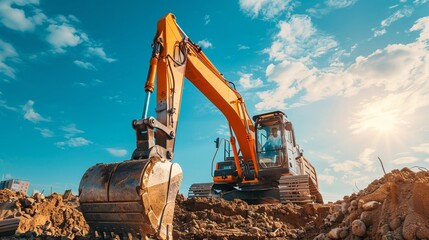 Big excavator on new construction site, in the background the blue sky and sun  - obrazy, fototapety, plakaty