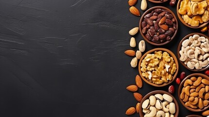 A variety of nuts is arranged on a black slate or stone background, serving as a healthy snack option. The composition is captured from a top view with space for copying.
