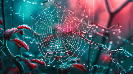 Close-Up of Spider Web with Morning Dew, Natures Precision and Beauty, Abstract Background