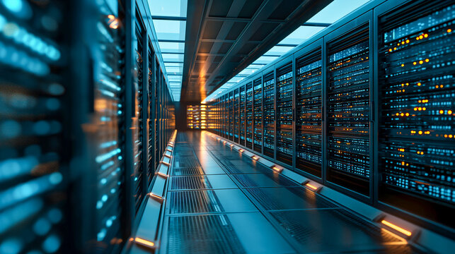 Long hallway of server racks with blue LED lights in a modern data center