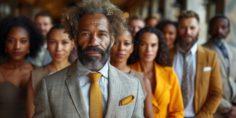 A diverse group of people are standing in a line, dressed in business attire. The main focus is a bearded man with wearing a suit and yellow tie. - obrazy, fototapety, plakaty