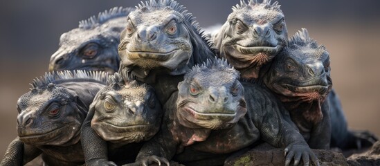Fototapeta premium A group of marine iguanas on Floreana Island in the Galapagos standing side by side in a row along the shoreline, showcasing their unique features and behavior.