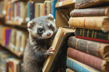 Ferret as a librarian organizing books a tiny yet mighty figure among towering shelves - obrazy, fototapety, plakaty