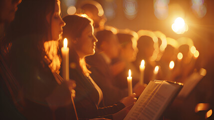 Concerts, group of singers rehearsing songs, rocks, hymns and gospel music background with candles 