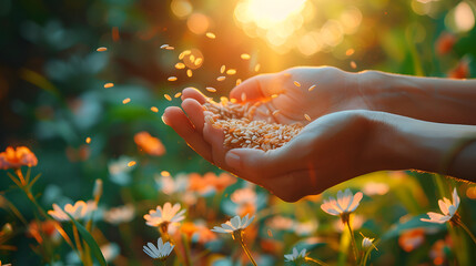 A person holding a small pile of grains rice in their hands.
