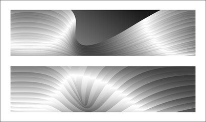 Monochrome cover design, abstract background. Wavy silver parallel gradient lines, ribbons, silk. Set of 2 backgrounds. Black and white with shades of gray banner, poster. eps vector