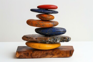 A sculpture of colorful rocks stacked on a wooden base.