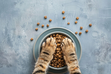 Cats paws protrude from cat food bowl, creating a symmetrical pattern