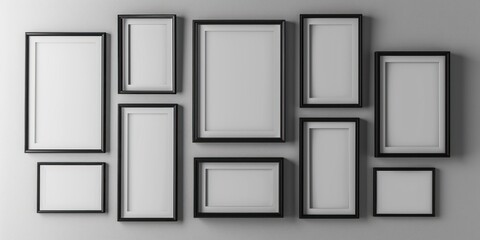 Multiple empty photo and painting frames hang on a white wall, offering a versatile template for personalized design and display.