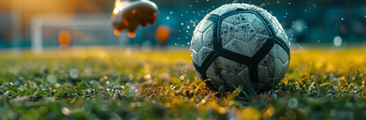 Person Kicking Soccer Ball on Field - obrazy, fototapety, plakaty
