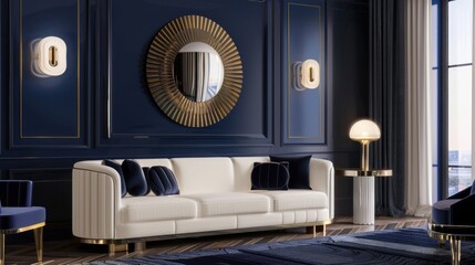 couch, blue wall and wood coffee table in living room 3d rendering