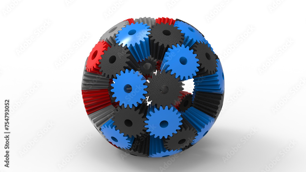 Poster 3d rendering - mechanical sphere made of gears