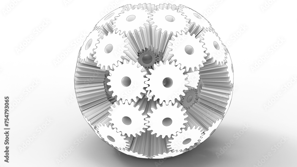 Poster 3d rendering - sketched sphere made of gears