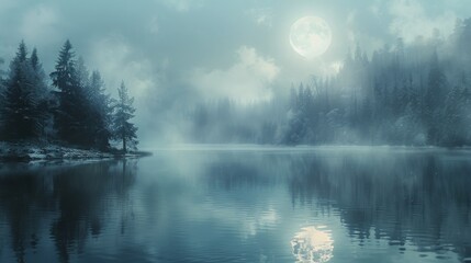 Fototapeta premium Foggy Lake With Trees and Full Moon