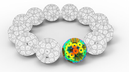 3D rendering - FEA study of multiple spheres made from cogs. One is highlighted for the study