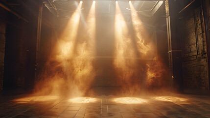 A smoky room with a wooden floor, surrounded by brick walls. Spotlights shine down from the...